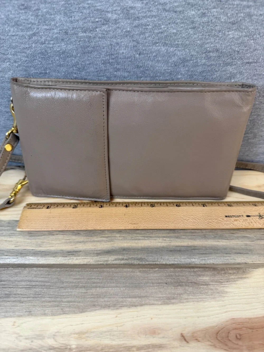 Genuine Leather Crossbody Slim Cell Phone Bag Gray Beige Taupe Detachable Strap